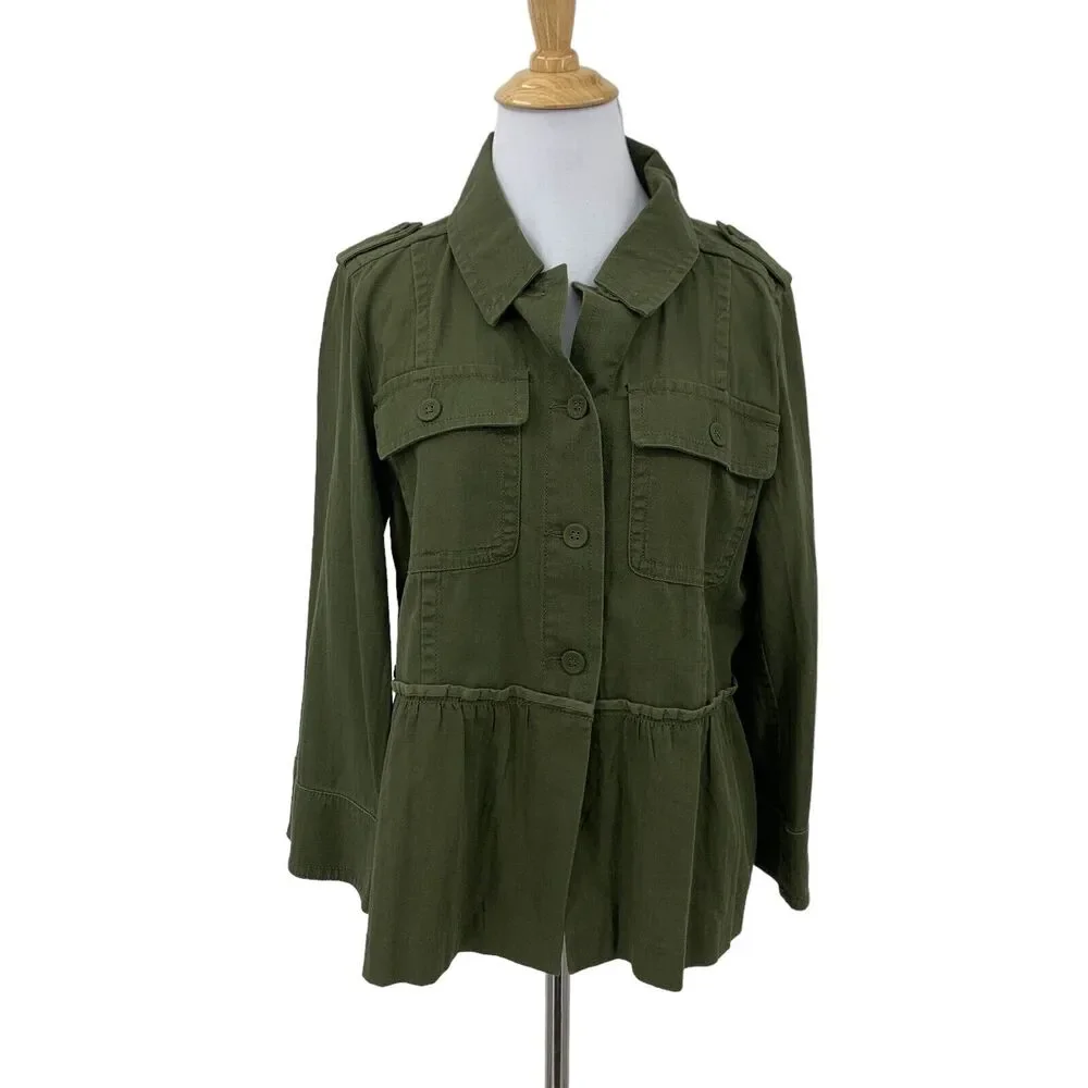LOFT Ann Taylor Herringbone Jacket Womens M Medium Peplum Wide Sleeves Utility